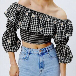 Zara Gingham Daisy Print Puff Sleeve Crop Off the Shoulder Top Size M NWT